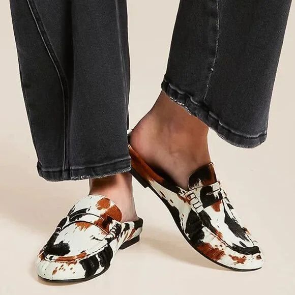 Steve Madden Rafe Penny Loafer MULES Slip On Size 6.5 Brown Cow Calf Hair EUC - Picture 3 of 16